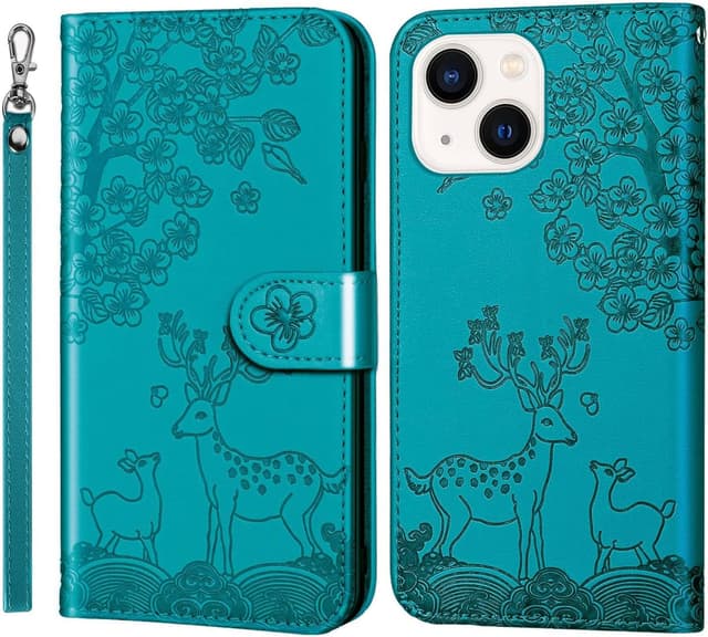 Detalle de Nbziyoo Embossed Deer Floral Flip Wallet Case for iPhone 14 Plus (Blue)