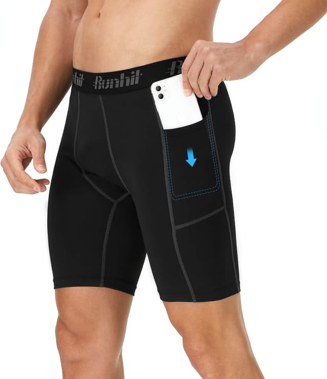 Detalle de Runhit 3er Pack Herren Kompressionsshorts mit Handy-Tasche – Base Layer für Sport & Training