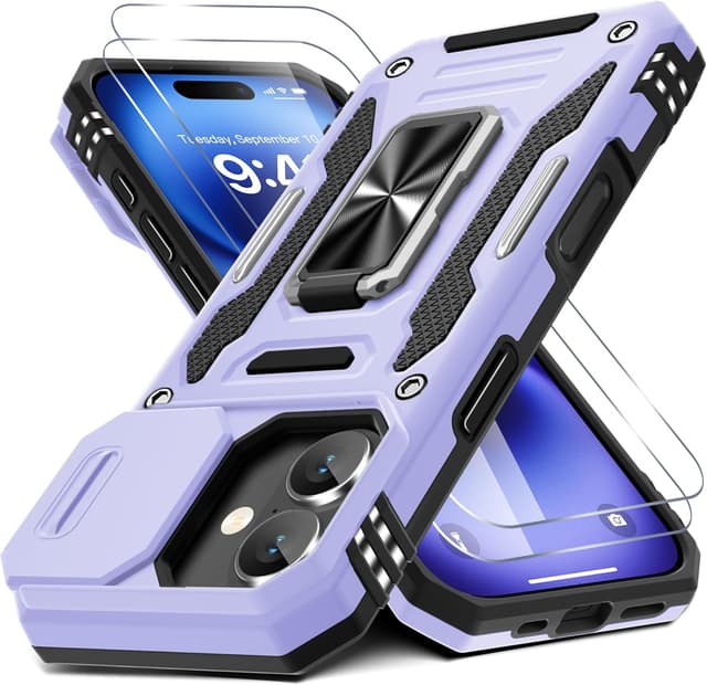 Detalle de DEERLAMN Case for iPhone 17 6.3-Inch with Slide Camera Cover, Ring Kickstand & Screen Protector (2 Packs) - Light Purple