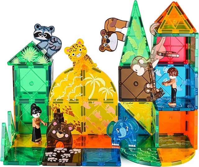 Detalle de Magnetic Tiles for Kids 62PCS set with 3D animals & forest theme (UKCA certified) – STEM magnetic building blocks