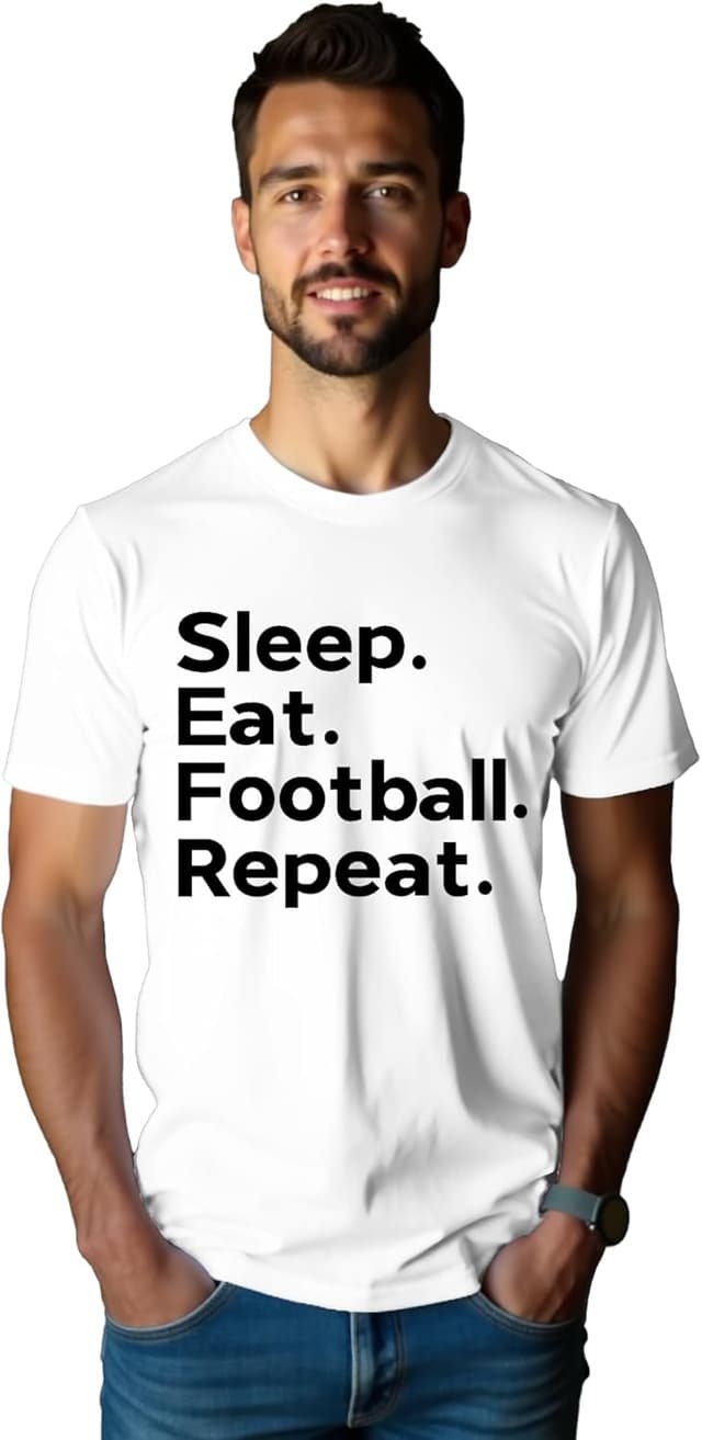 Detalle de Qskall men’s “Sleep. Eat. Football. Repeat.” football slogan T-shirt