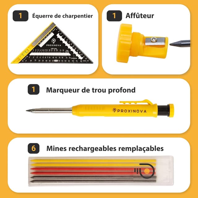 Detalle de Proxinova set d’équerre de vitesse 180 mm : équerre de menuisier/charpentier avec niveau à bulle et rapporteur