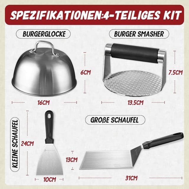 Detalle 2 de univinlions Set Smash Burger in acciaio inox: pressa, campana e spatole per griglia