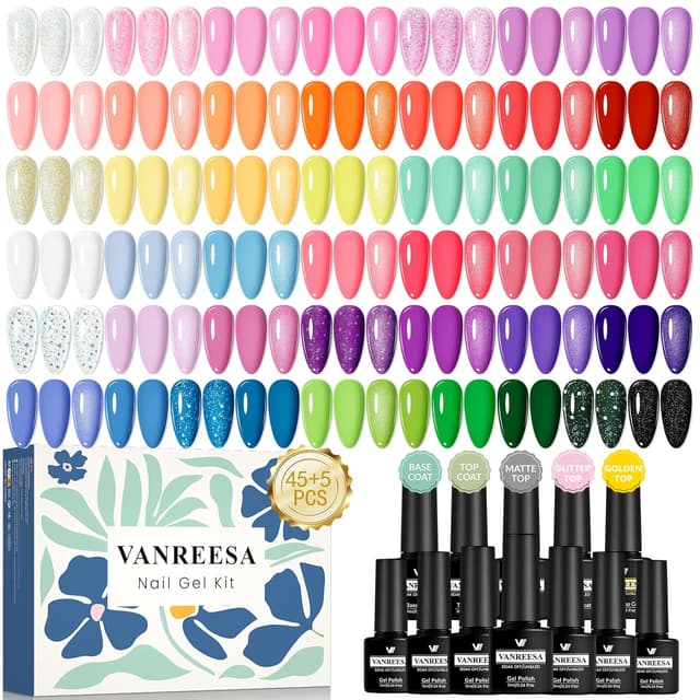 Detalle de VANREESA U V Nagellack Set mit 45 Farben (Gel Nägel Starterset inkl. Unterlack & Überlack)