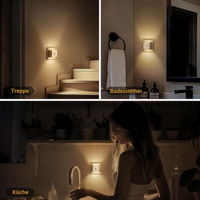 Detalle de Emeritpro Nachtlicht-Steckdose mit Bewegungsmelder & Dämmerungssensor, 3 Helligkeitsstufen, 2er-Set (Warmweiß)