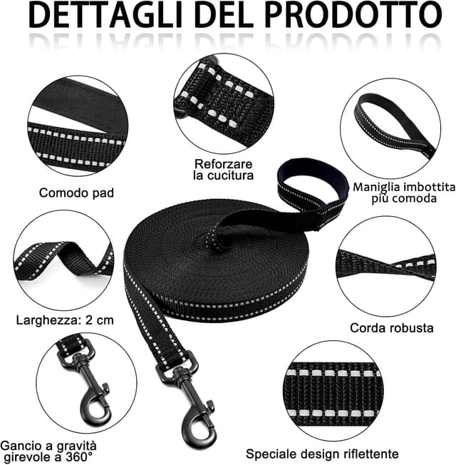Detalle 2 de COMSLE guinzaglio lungo per addestramento: lunghina in nylon con gancio robusto e impugnatura imbottita (3/5/10/15/20 m)