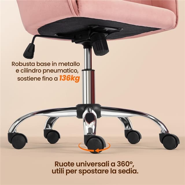 Thumbnail 6 de Yaheetech Sedia da scrivania ergonomica in velluto rosa girevole, reclinabile e regolabile in altezza (portata 136 kg)