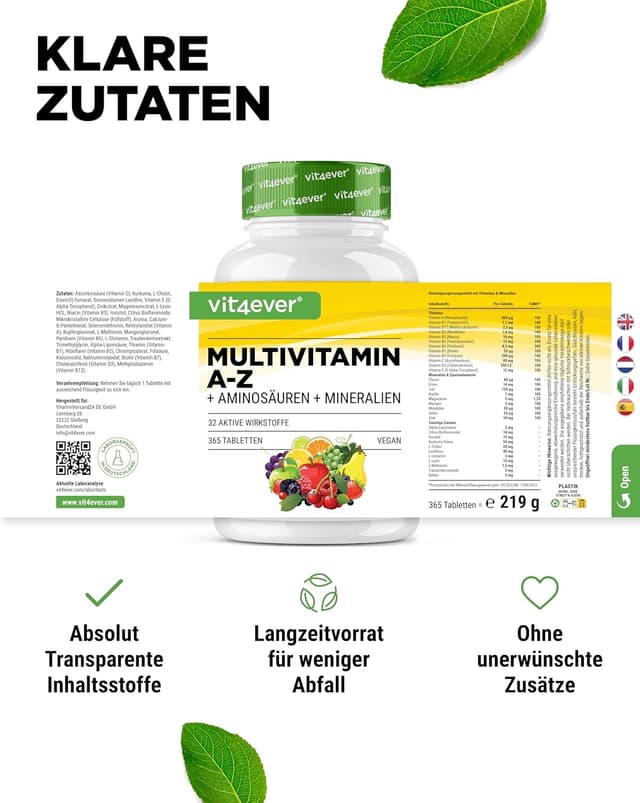 Thumbnail 6 de Multivitamin A-Z - 365 Tabletten (12 Monate) - 32 aktive Inhaltsstoffe - Kombination aus Mineralien + Aminosäuren + Spurenelementen + Pflanzenextrakten - Vegan - Hochdosiert
Multivitamin A-Z - 365 Tabletten (12 Monate) - 3…