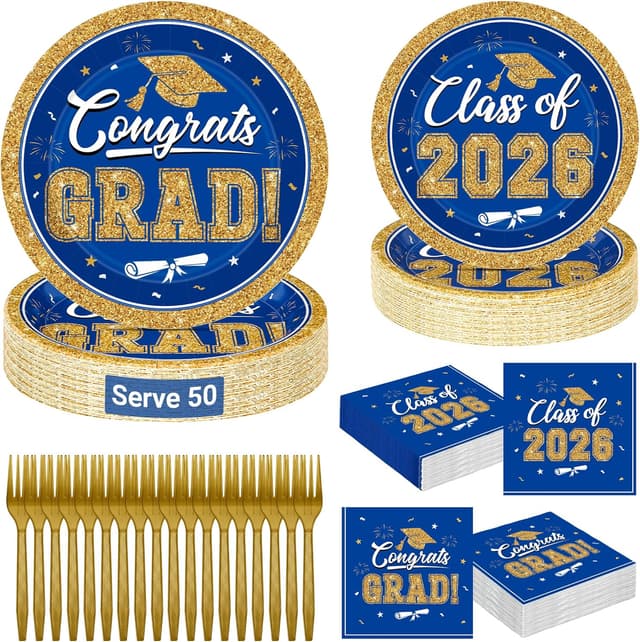 Detalle de QZYL Graduation Party Supplies Set for 50 Guests (Blue & Gold 2026) – 200-Piece Disposable Plates, Napkins & Forks