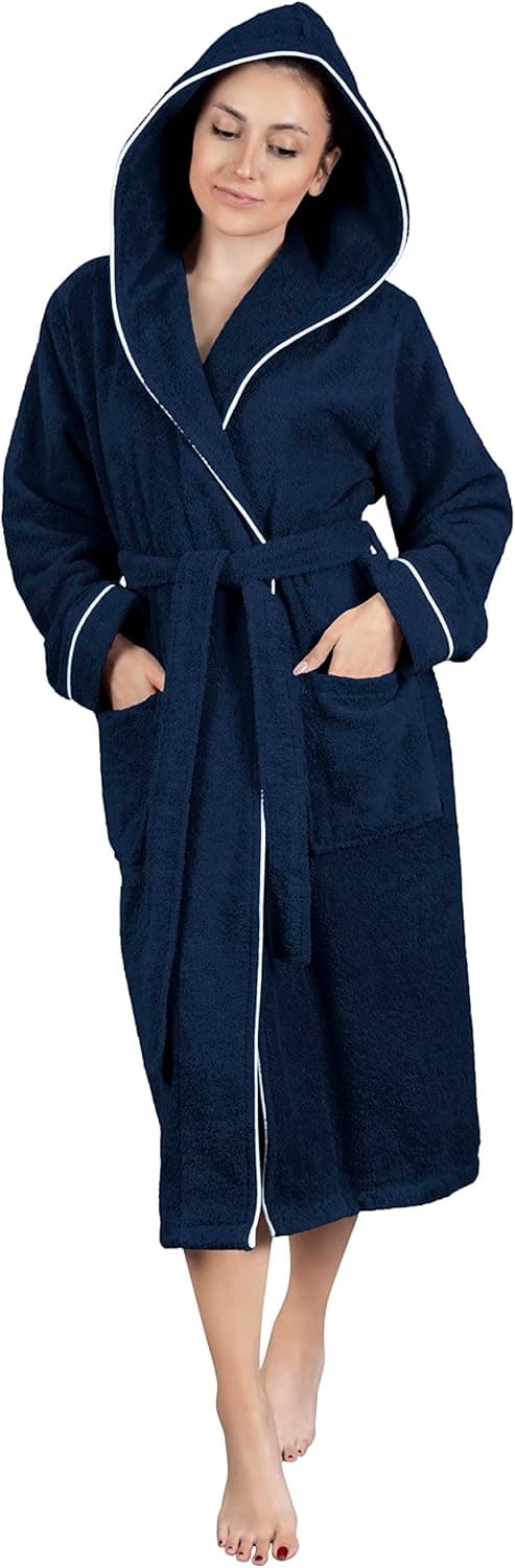 Detalle 2 de LAYNENBURG Damen Bademantel aus Frottee mit Kapuze, lang – 100% Baumwolle (360 g/m²), OEKO‑TEX Standard 100