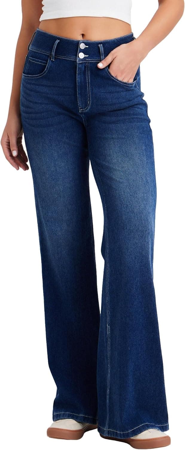 Detalle de LaiEr Women’s Wide-Leg Jeans with Double Row Button Zip Placket – High Elastic Denim Look for Casual, Yoga & Fitness