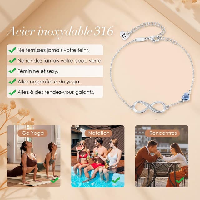 Detalle de Bracelet femme LOUISA SECRET argent 925 Infini avec cœur et lettre personnalisable
