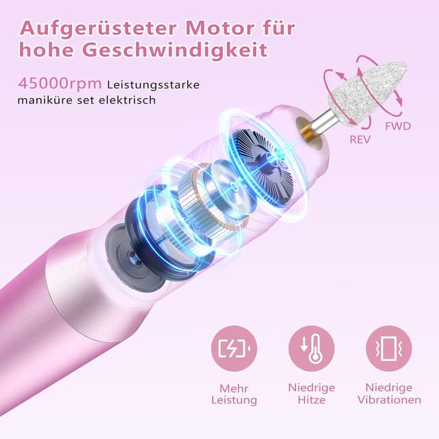 Detalle de Kabelloser Nagelfräser mit bis zu 45.000 U/min – Elektrische Nagelfeile für Gel- und Acrylnägel (14-in-1, 6 Geschwindigkeiten)