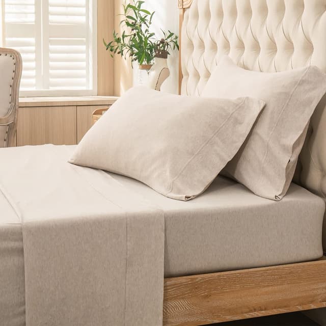 Detalle de PURE ERA Jersey Knit 4-Piece Bed Sheet Set (100% Cotton, Queen, Extra Deep Pocket)