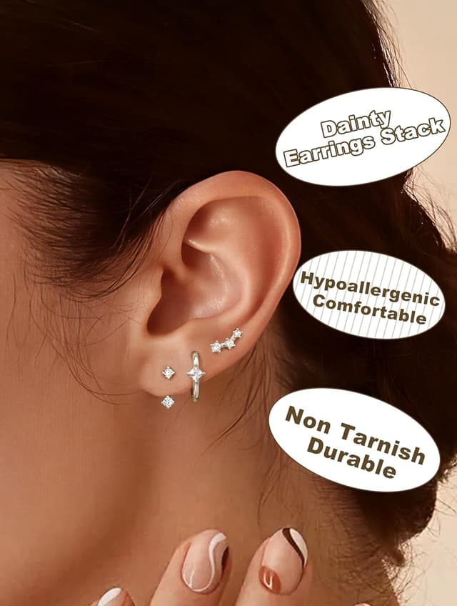 Detalle de JeweBella 3er-Set Ohrringe aus Sterlingsilber 925: Ohrstecker & Creolen mit Zirkonia (vergoldet) für Damen