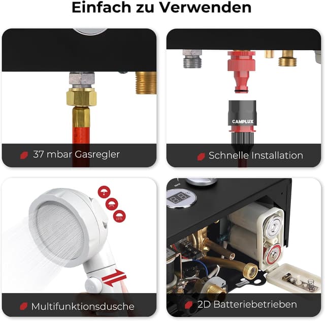 Detalle de CAMPLUX BW158BC Gasdurchlauferhitzer mit Regenhaube für Campingdusche & netzunabhängige Nutzung (6 Liter)