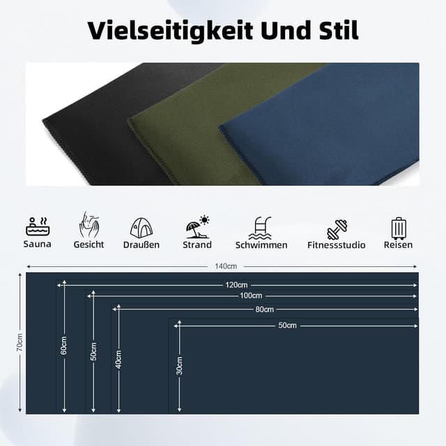 Detalle de Mikrofaser Sporthandtuch 3er-Set 70×140 cm (Marineblau, Schwarz, Armeegrün) – schnell trocknend, kompakt