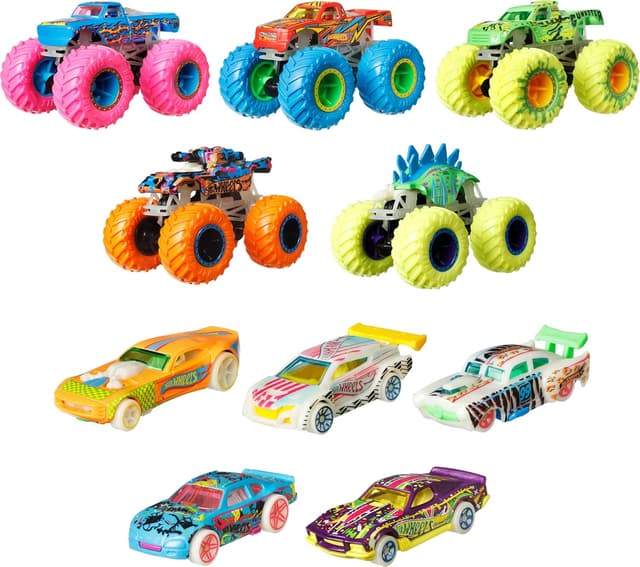 Detalle de Hot Wheels Monster Trucks 10-Pack (Glow-in-the-Dark) 1:64 Scale, 5 Trucks & 5 Cars Set