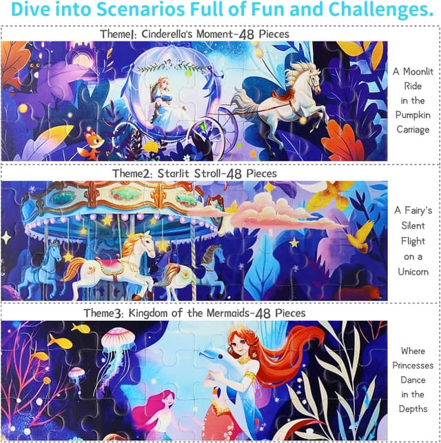 Detalle 2 de SOLTIRA Magnetpuzzle Cinderella, Einhorn & kleine Meerjungfrau – 3×48 Teile für Mädchen ab 5 Jahren