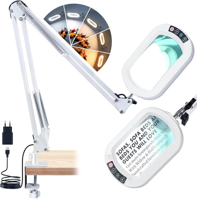 Detalle de Veemagni Loupe rectangulaire 10X avec lumière LED et pince (bras pivotant) — lampe de bureau mains libres
