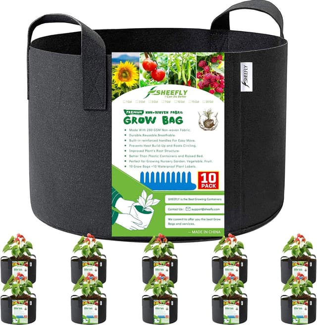 Detalle de SHEEFLY 10 Pack 5 Gallon Grow Bags (Non-woven Fabric) with Reinforced Handles and 10 Plant Labels