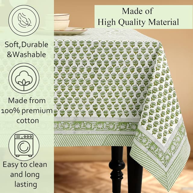 Thumbnail 6 de Emerald Green Indian Block Print Cotton Tablecloth (70x118 Inch) for Rectangle Tables