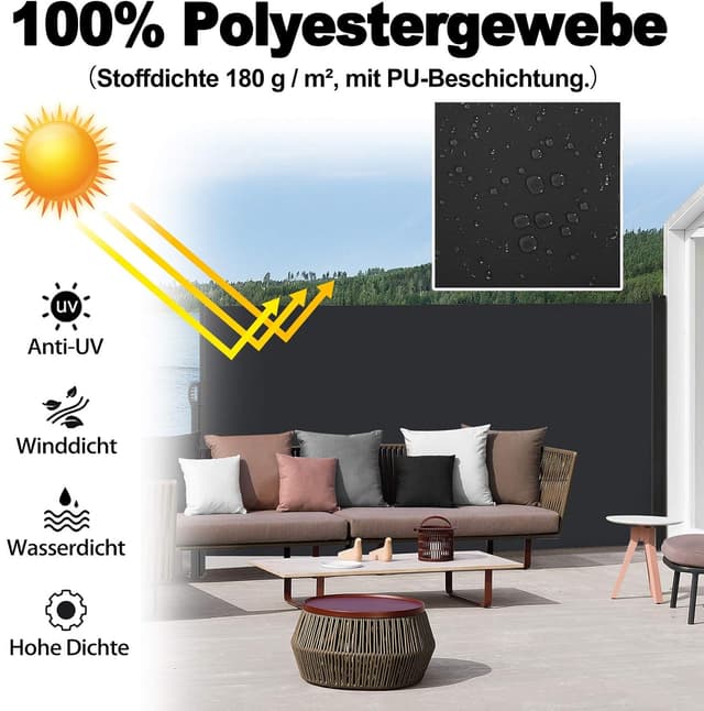 Detalle de LZQ Seitenmarkise als Wind- und Sichtschutz aus Polyester – Anthrazit, 200 x 600 cm