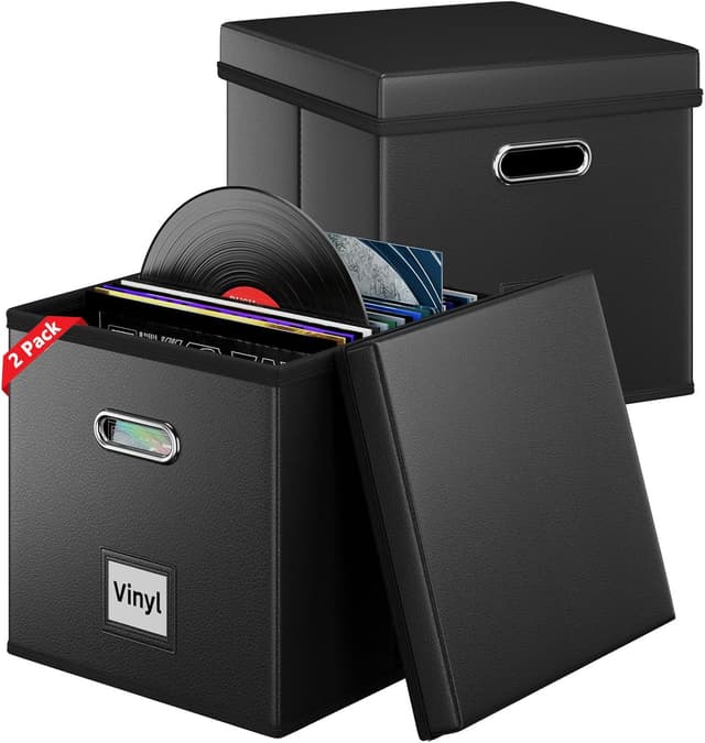 Detalle de Aolawco 2-pack 12-inch leather vinyl record storage boxes (with lid & handles) – holds 100+ singles