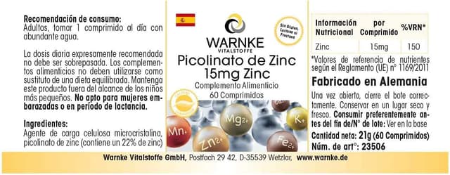 Thumbnail 4 de Warnke Vitalstoffe Picolinato de Zinc 15mg 60 comprimidos Calidad alemana 💊