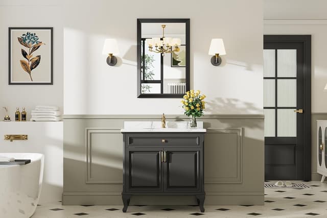 Detalle de Briivue 24x36 Black Bathroom Mirror (24x36 Inch) with Thick Metal Frame and Anti-Rust Design