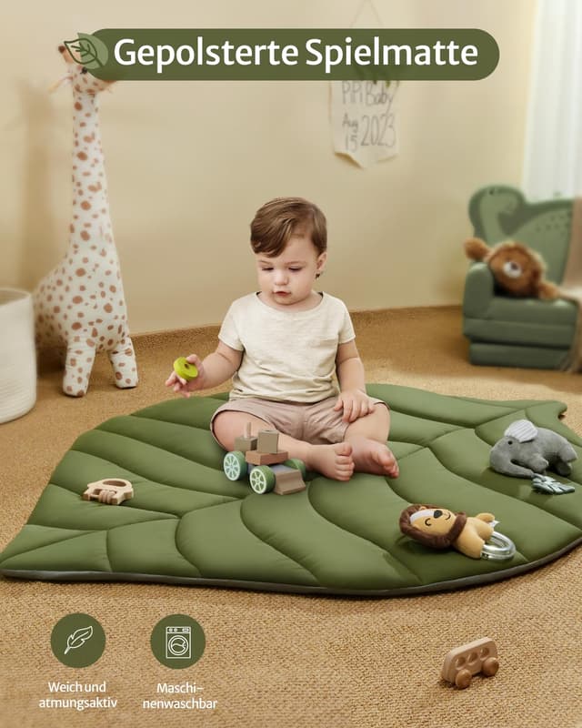 Detalle 1 de Blissful Diary Baby-Spielbogen mit Activity-Playmatte „Waldgrün“ und 6 abnehmbaren Spielzeugen (Übergroßes Blatt, 135 × 94 × 2,5 cm)