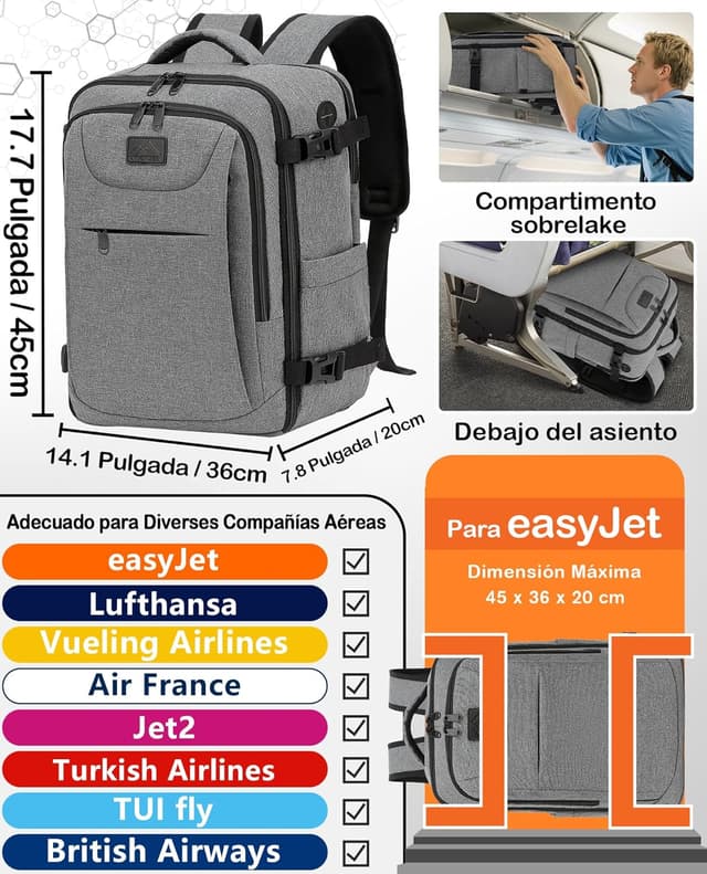 Detalle 2 de LYNXCHER Mochila de Viaje Cabina ✈️ 30L para Portátil 15.6" Gris