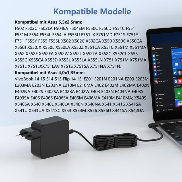Detalle de 65W Laptop-Ladekabel für ASUS (5,5 x 2,5 mm / 4,0 x 1,35 mm) – 19V Netzteil-Adapter