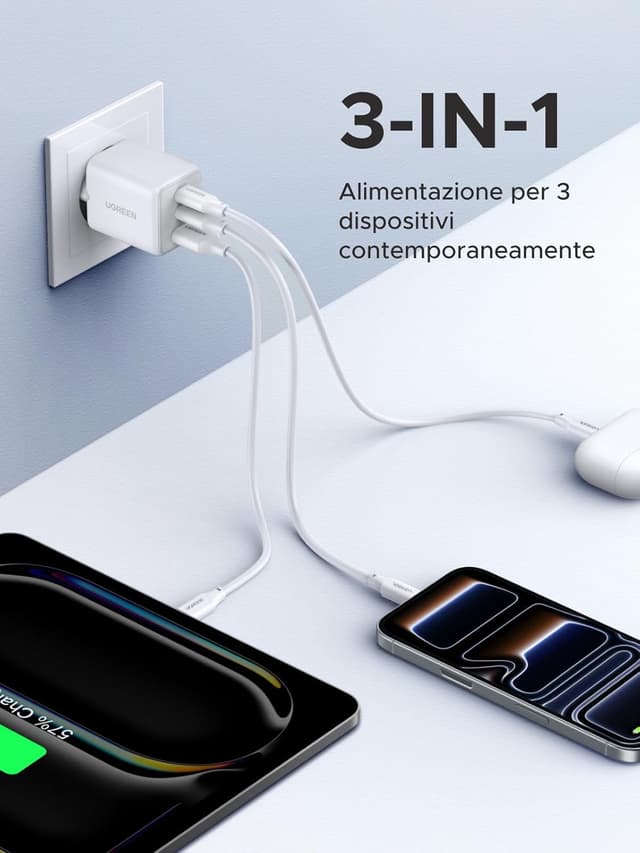 Detalle de UGREEN Zapix caricatore USB-C 30 W 3 porte