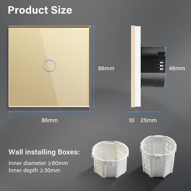 Detalle de BSEED Touch-Lichtschalter aus Glas (Unterputz, 1-fach, 1-Wechsel) mit LED-Hinterlicht – ohne WLAN, Gold