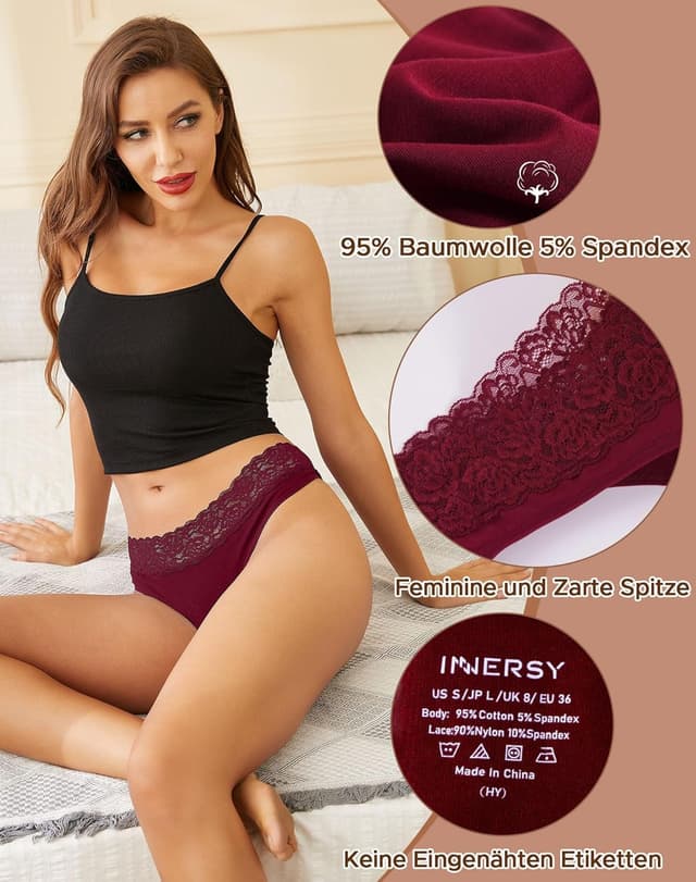 Detalle 2 de INNERSY String Tanga Damen Spitze (6er Pack) aus Stretch-Baumwolle – Hipster Unterhosen