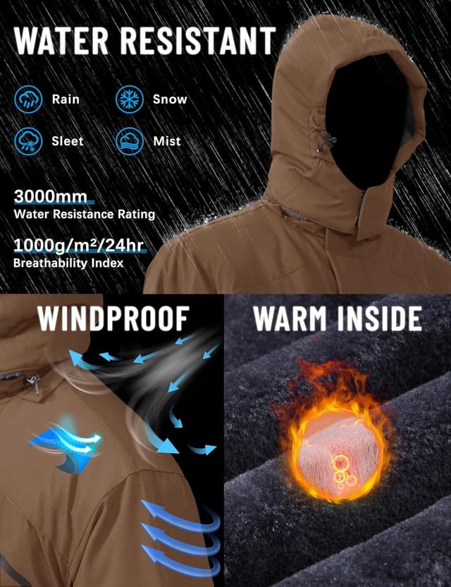 Detalle de TACVASEN Men’s Winter Skiing Jacket with Hood, Water-Resistant Fleece Insulation