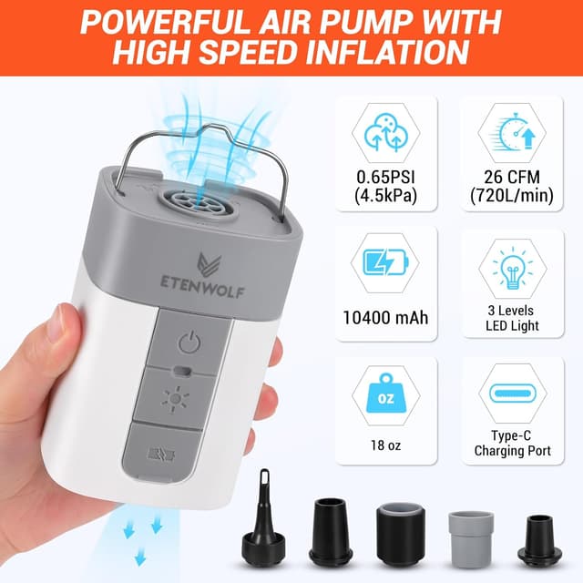 Detalle 2 de ETENWOLF Air 5 Pro Max Portable Electric Air Pump (10400 mAh) with Camping Light