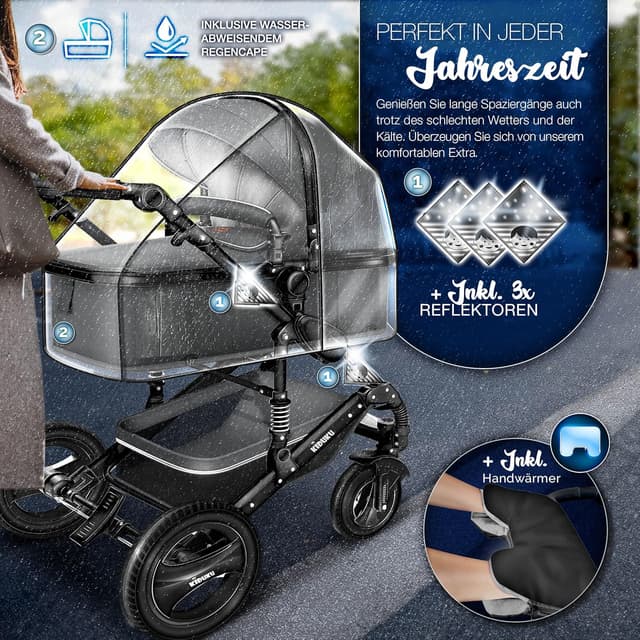 Detalle de KIDUKU® 3-in-1 Kombikinderwagen-Set inkl. Babywanne, Sportsitz und Auto-Babyschale