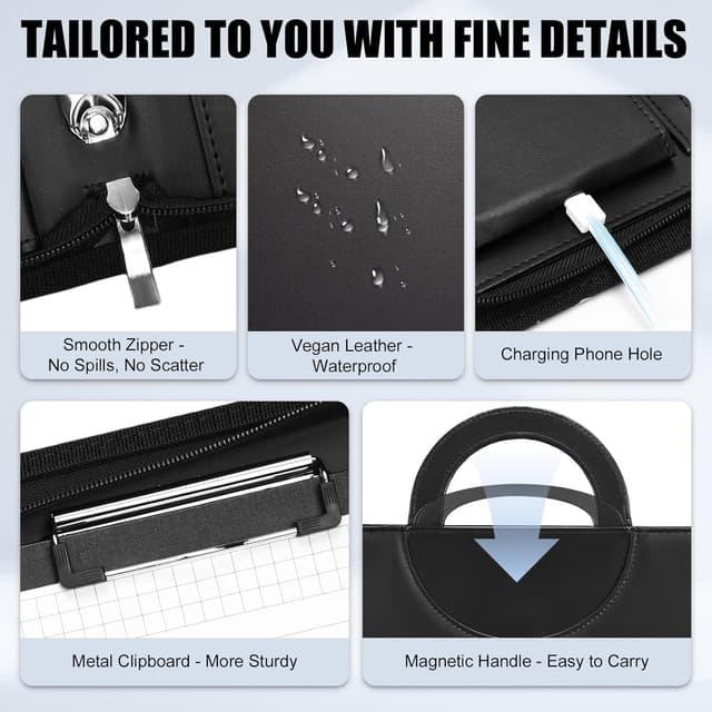 Detalle de Leathario A4 Portfolio Folder with Handle (Vegan Leather) and 4-Ring Document Holder