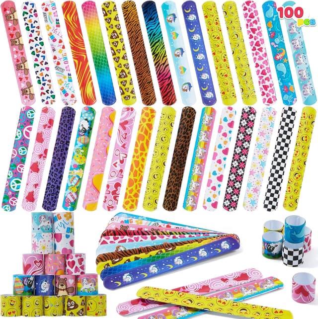 Detalle de JOYIN Slap Band 100er Pack Slap-Armbänder mit 30 Designs (u. a. Einhorn, Herzen) – 22 cm