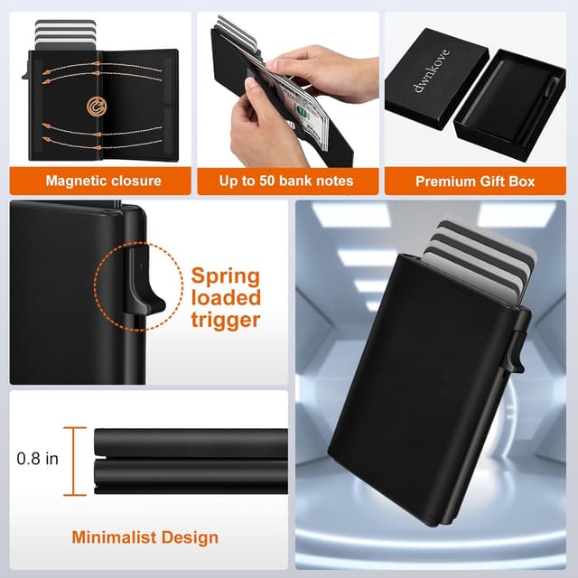 Detalle 2 de Men’s Wallet Credit Card Holder with Pop-up Card Case, RFID Blocking & Coin Pocket (Top Grain Leather + 6063 T5 Aluminium)