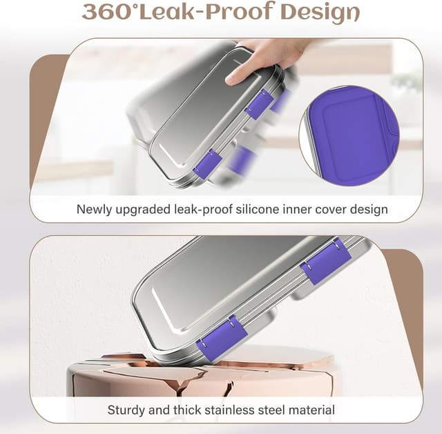 Detalle de BABHAMNESS Stainless Steel Kids Bento Box (3 Compartments) — Leak Proof Lunch Container, BPA-Free, Dishwasher Safe, Purple