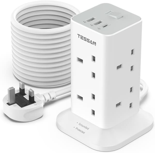 Thumbnail 6 de TESSAN Tower Black Extension Lead with 2 USB-C slots, 8-way surge protected power strip (2m)