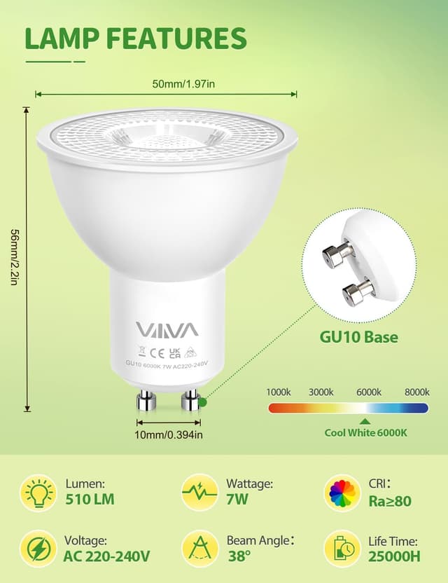 Detalle 2 de VIIIVA GU10 LED Bulbs Cool White 7W (12 Pack) – 6000K, 38° beam, non-dimmable