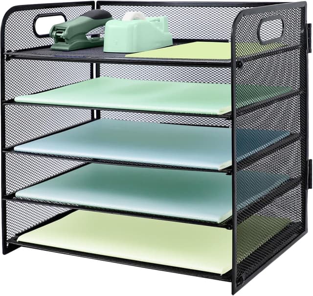 Detalle de Paper Letter Tray with Handle (5-Tier Metal Mesh) A4 Desk File Organiser in Black
