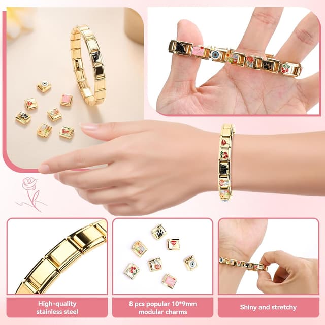 Thumbnail 2 de Ouxayapl Italian Charm Bracelet Gold – Italian Charms Armband-Set mit 18 Grundgliedern, 8 Motiven & Öffnungswerkzeug