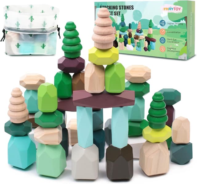 Detalle de YHHYTOY 40-Piece Wooden Stacking Rocks Building Blocks (Forest Theme) for Montessori Learning