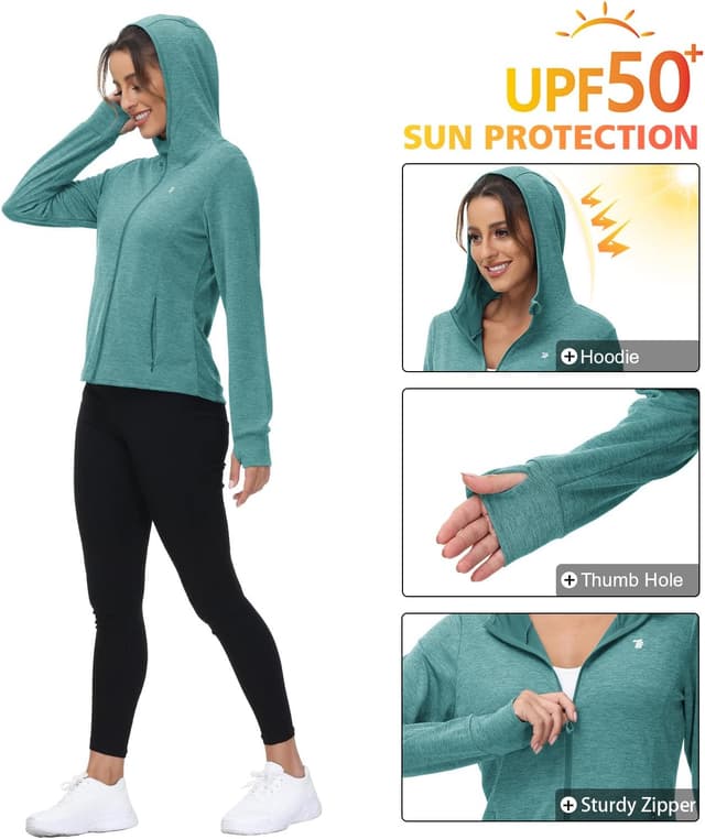 Detalle de donhobo Women’s Running Jackets with Thumb Hole – breathable, UPF 50+ zip-up hoodie with side pockets