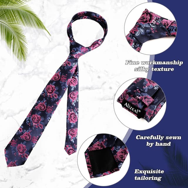 Detalle de Alizeal men’s floral pattern tie with matching pocket square set (8cm tie, 25cm square)